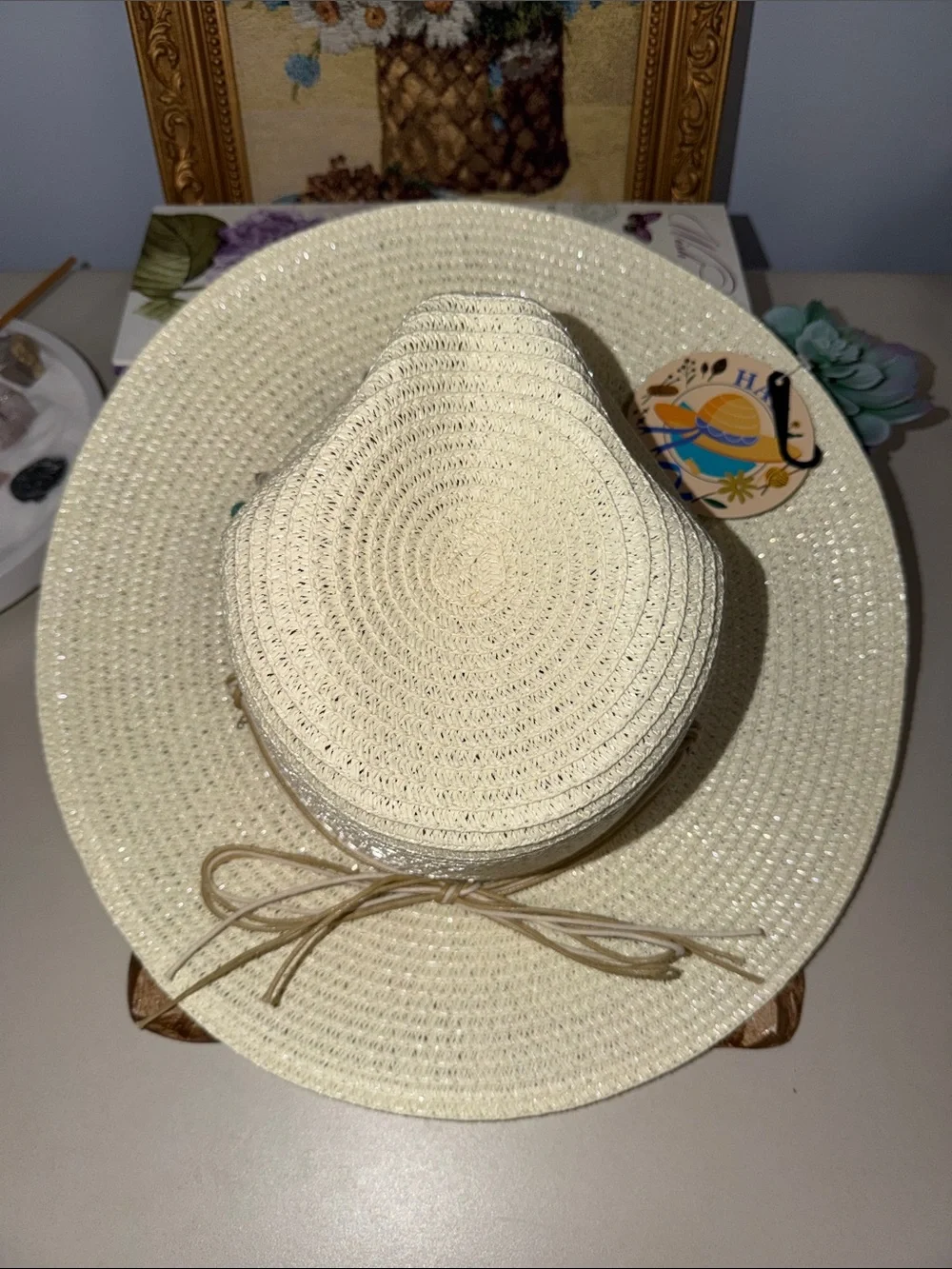 ROYAL Ivory Beaded Silver Tone Chain Triple Cord Tie Coastal Boho Straw Sun Hat